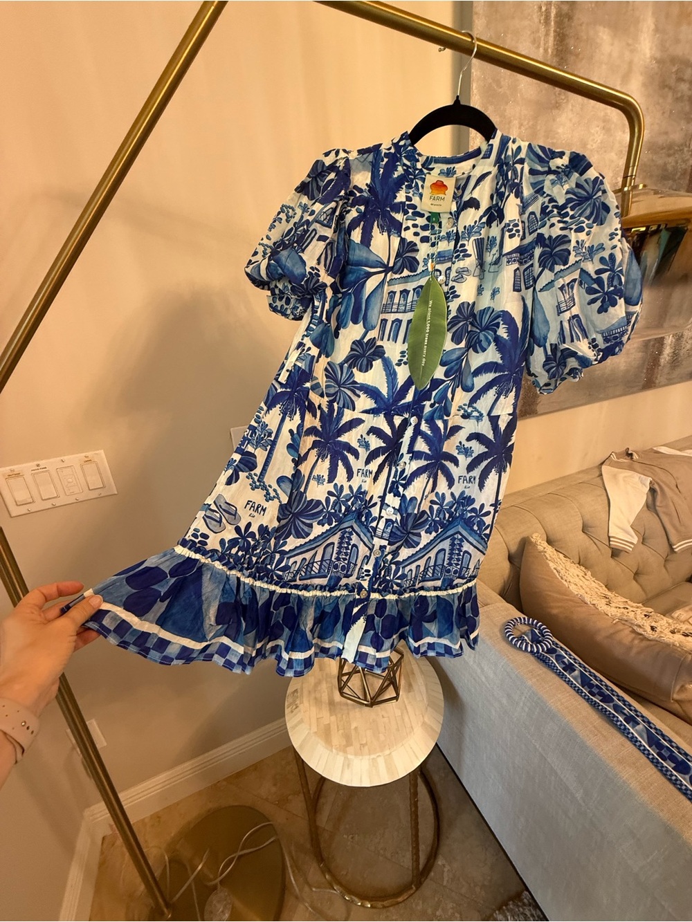Farm Rio Blue & White Tropical Print Ruffle Dress NWT - Picture 2 of 2